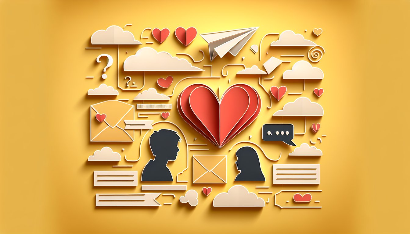 Paper art hearts arrows on golden yellow background hinting at a quiz to discover feelings and confess to a crush
