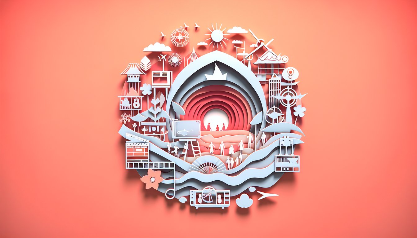 Paper cutout illustration of world tour elements and characters on coral background for Total Drama quiz
