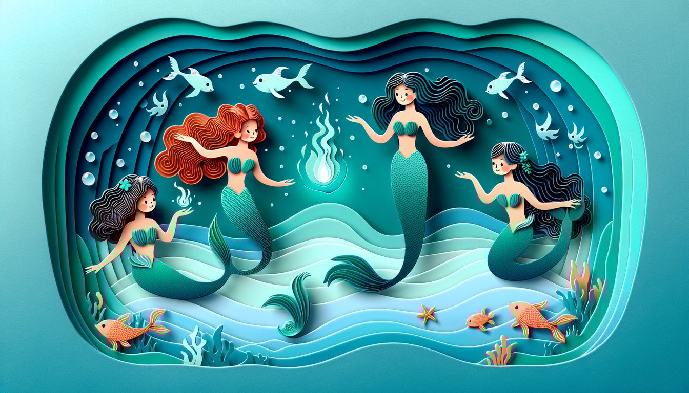 paper cut illustration showing mermaid tail seashells starfish waves on teal background for water quiz