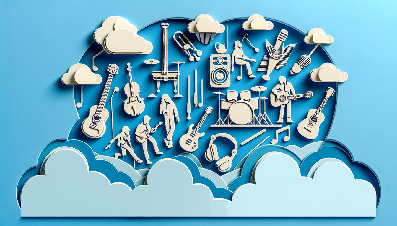 Paper art guitars and music notes on a sky blue background for a free Alice In Chains trivia quiz