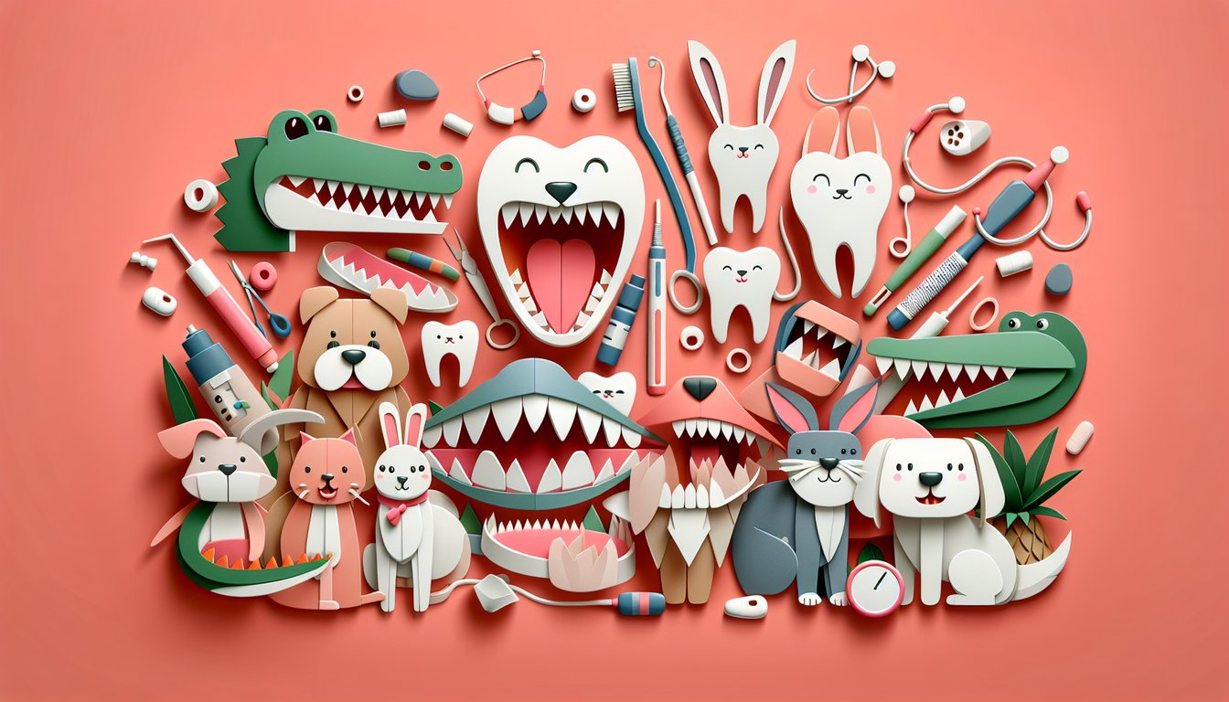 Paper art animal teeth dental tools coral background free veterinary dentistry quiz theme