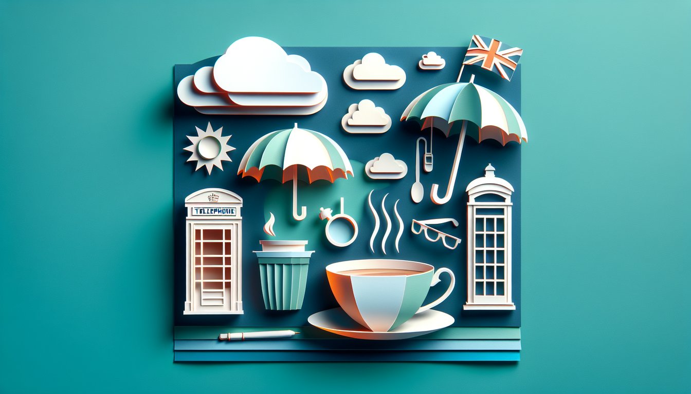 Paper art illustration for Britishness quiz with tea, slang, weather questions on teal background