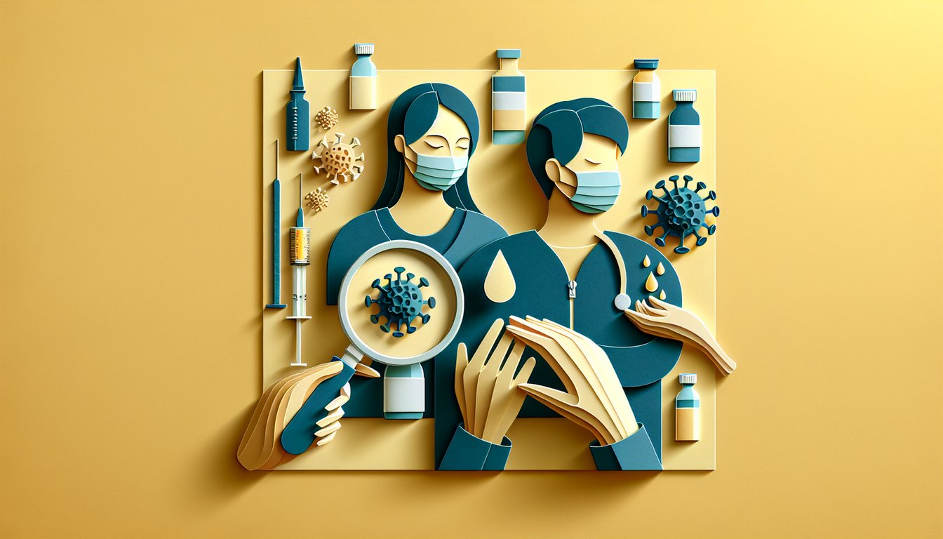 Paper art illustration showing mask sanitizer virus with infection control quiz text on golden yellow background