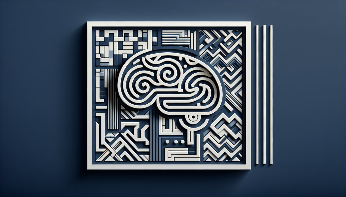 Paper art brain with gears puzzle shapes on dark blue background representing pattern recognition logic spatial skills