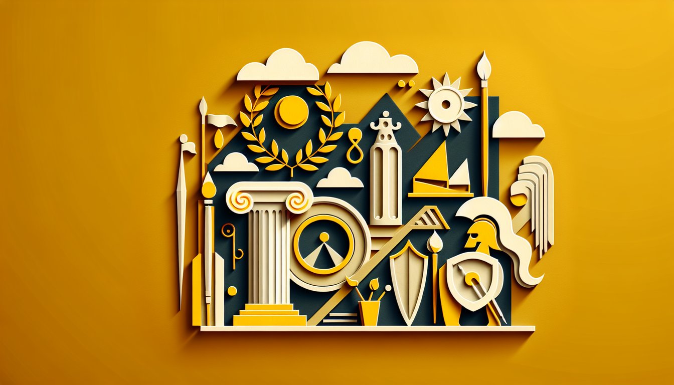 paper cut collage of a Greek column, medieval arch, laurel wreath and paintbrushes on golden yellow background