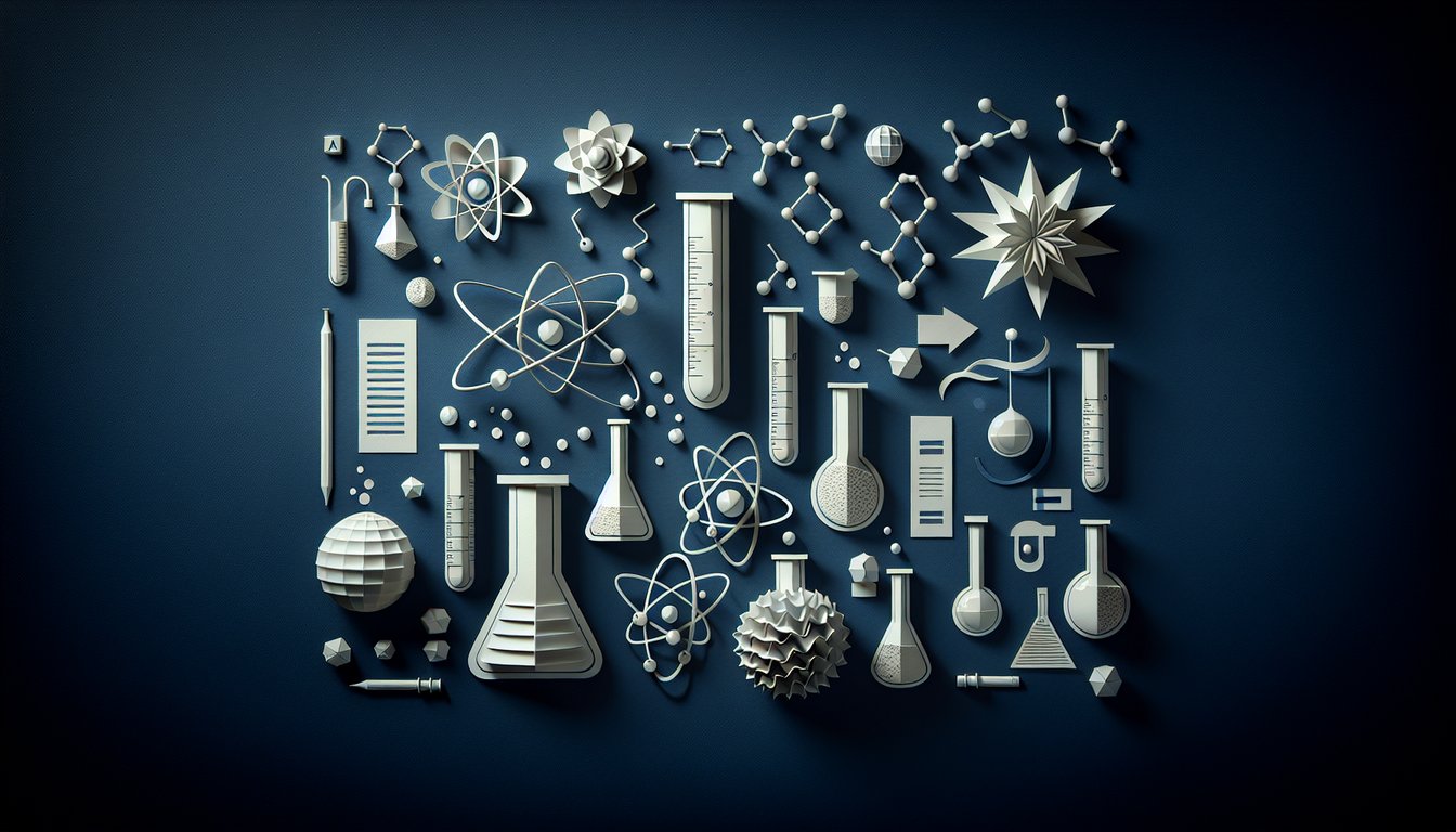 Colorful paper art promoting Chemistry Quiz Blitz for high school students.