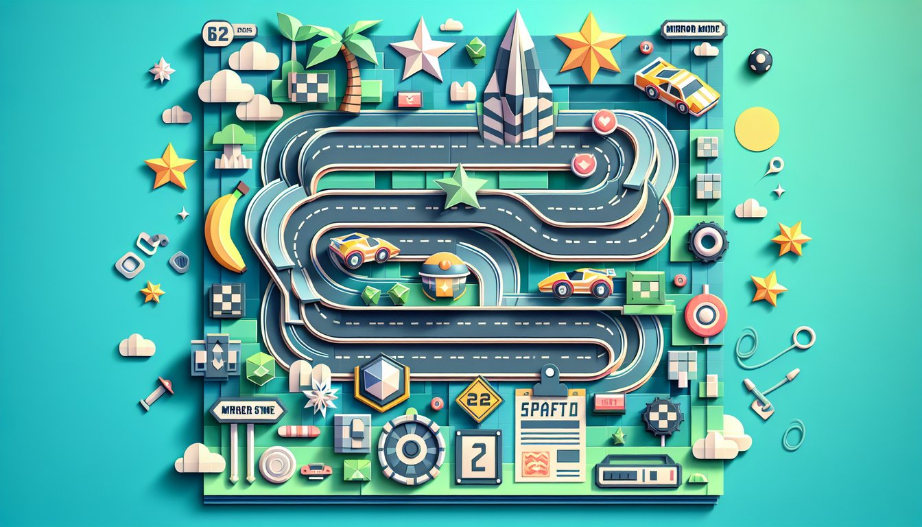 Paper art scene featuring Mario Kart track items and controllers on teal background for a Wii trivia quiz challenge