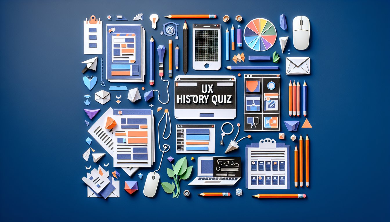Colorful paper art depicting elements related to a UX History Quiz.