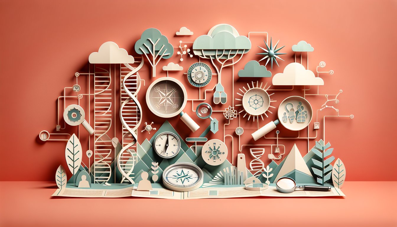 Paper art illustration for Am I Adopted quiz exploring signs of adoption on a coral background