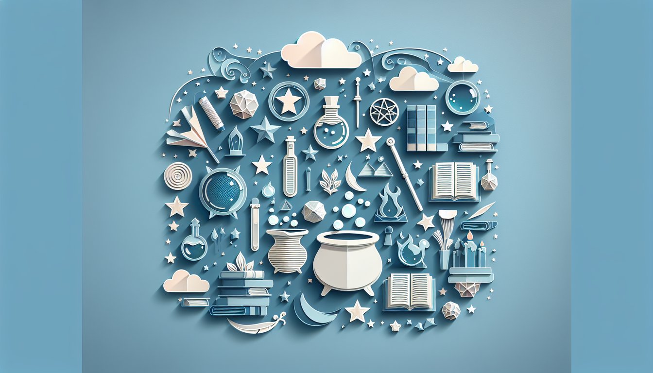 Paper art illustration for wizard skills quiz on a sky blue background