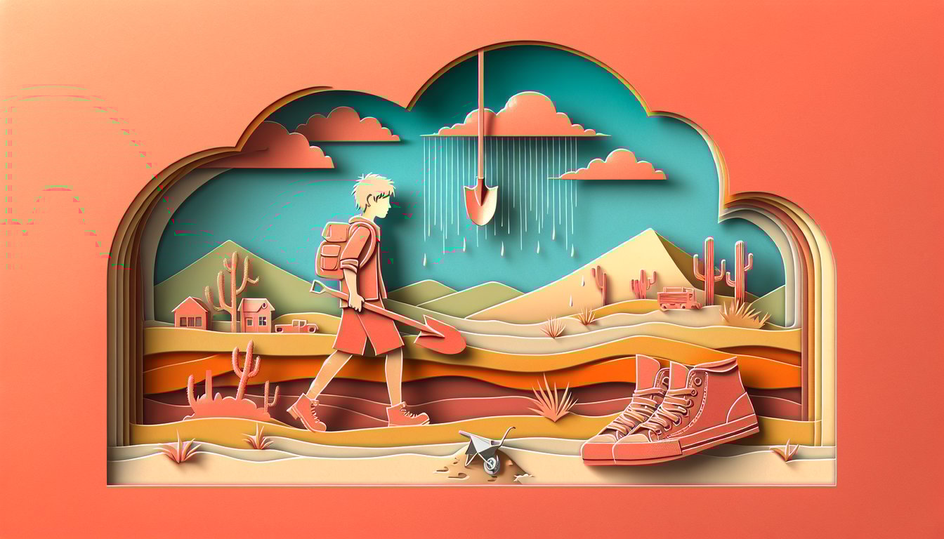 Paper art quiz scene on coral background with book pencil magnifying glass and Camp Green Lake theme