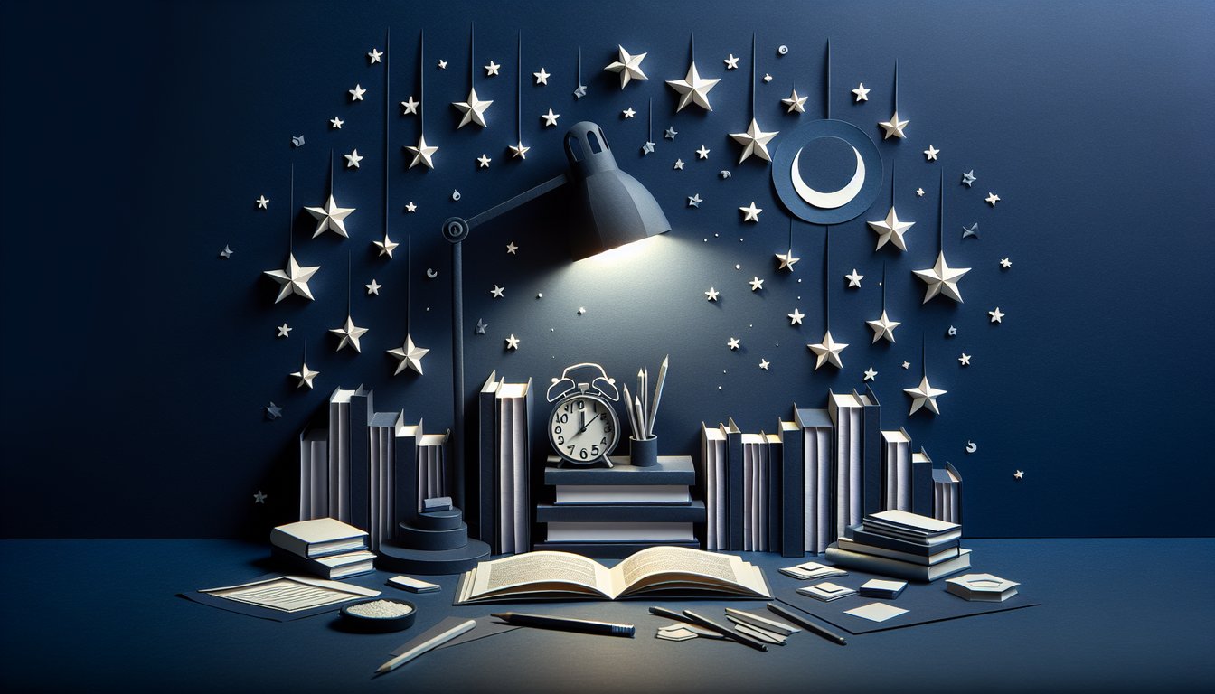 Paper art depicting trivia quiz for high school English students on narrative elements and themes.