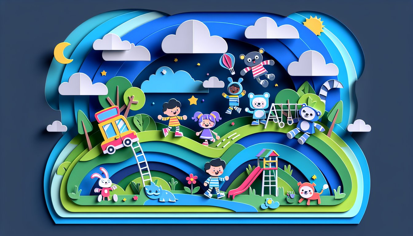 Colorful paper cutout shapes of Yo Gabba Gabba characters on dark blue background invite quiz takers