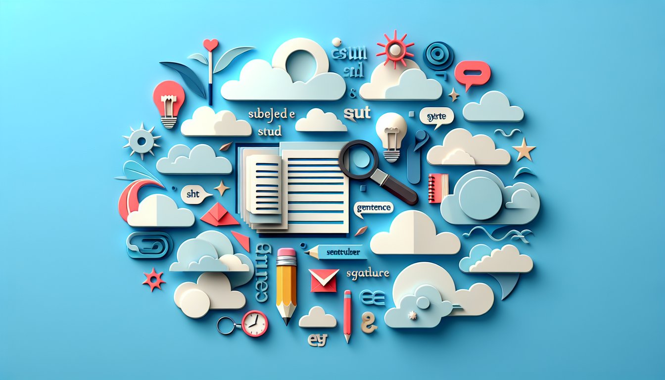 Paper art icons of sentences grammar symbols and check marks on sky blue background for subject and verb complements quiz