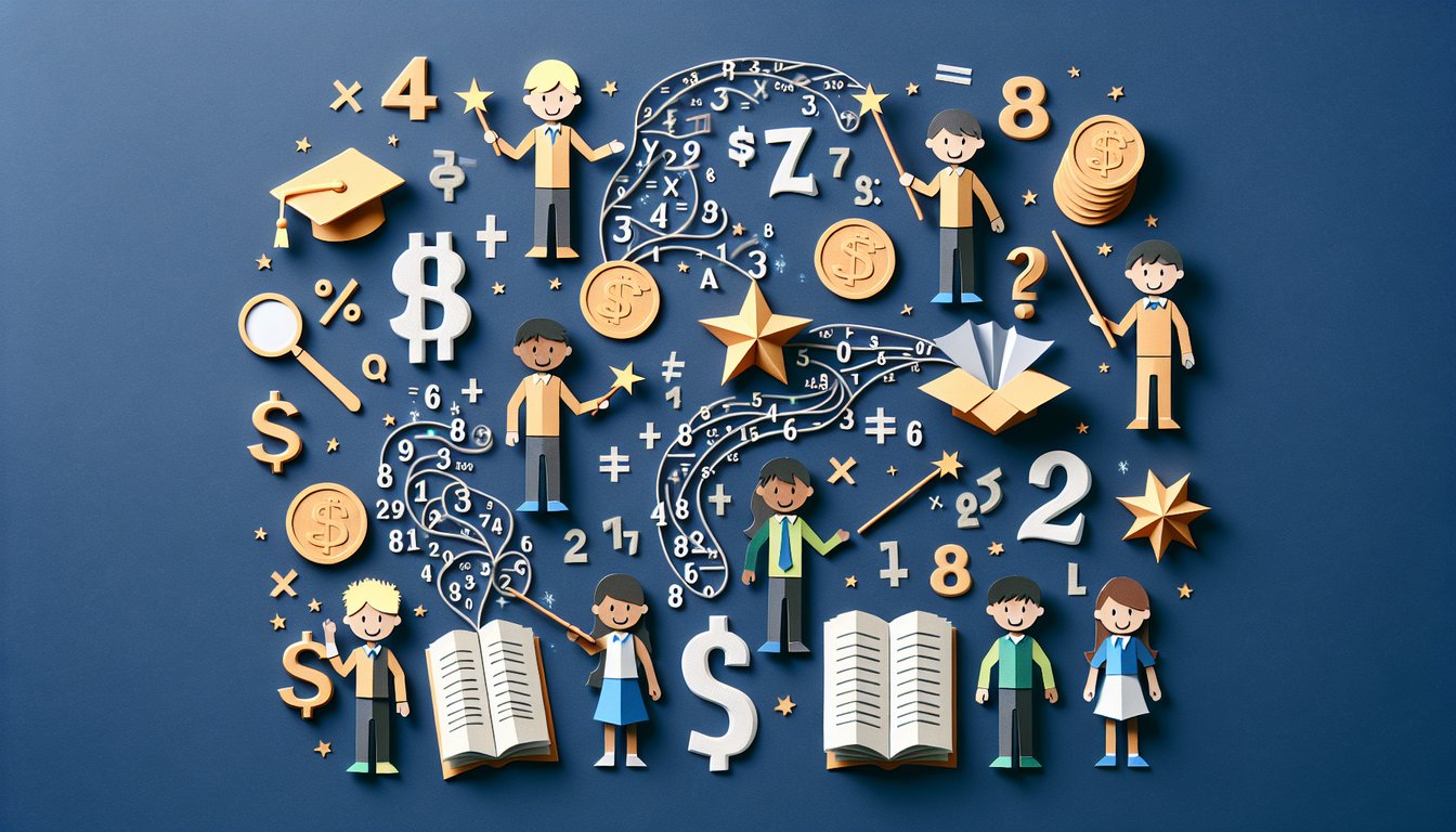 Paper art representing a trivia quiz about Money Math Magic for middle school students.