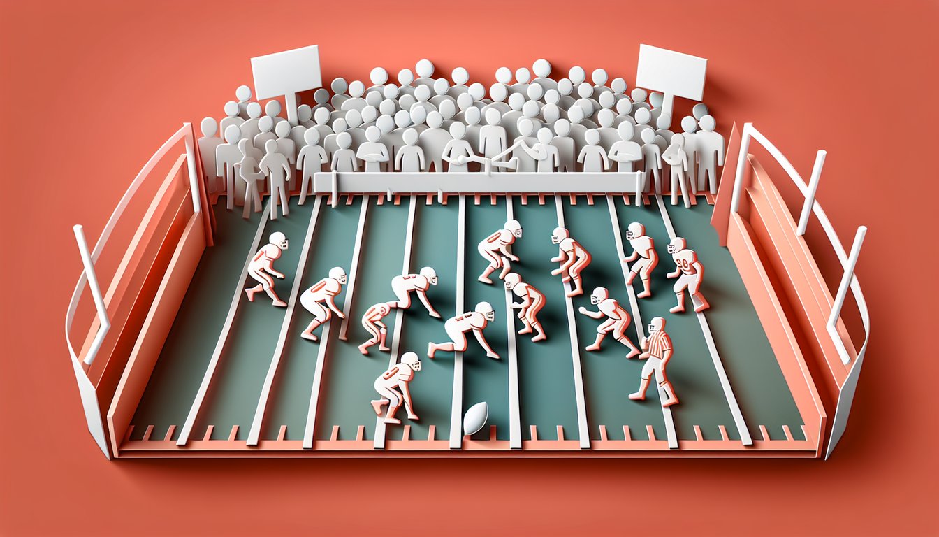 Paper art illustration promoting a free CFB trivia quiz on NCAA football on a coral background.