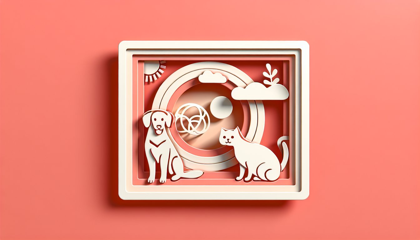Paper cut dog and cat faces with playful quiz text on coral background