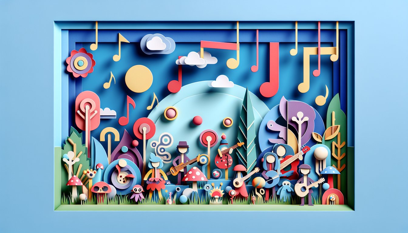 Paper art style Trolls World Tour quiz banner with colorful paper cutout Trolls on sky blue background