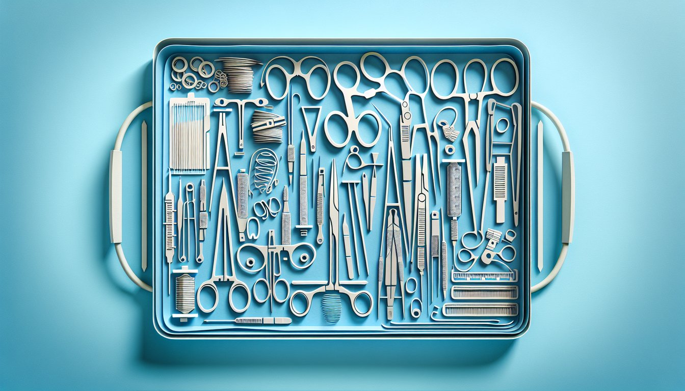 Paper art illustration for a surgical instruments quiz on a sky blue background