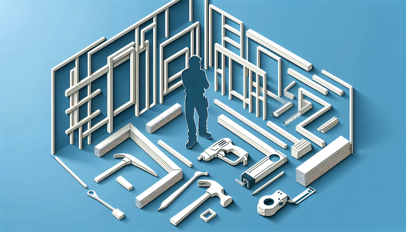 Paper art illustration for a wall framing quiz on a sky blue background