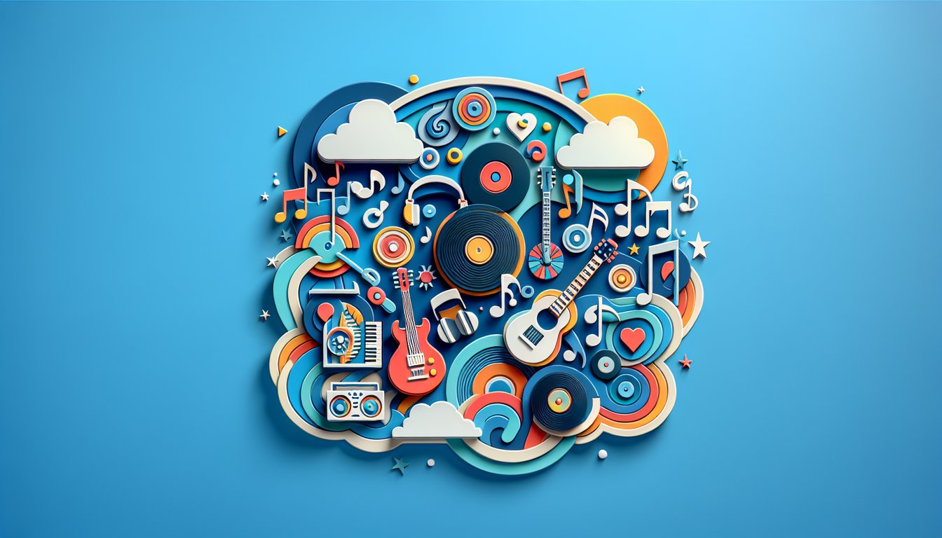 Colorful paper art style music notes and abstract shapes on sky blue background