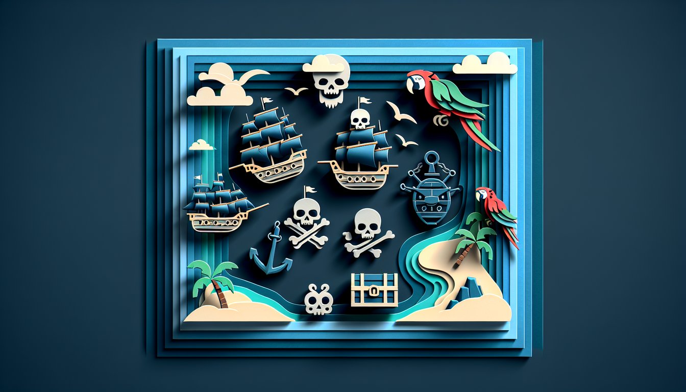 Paper art scene with pirate ship compass treasure map cutout letters reading join Jack Sparrow crew on dark blue background