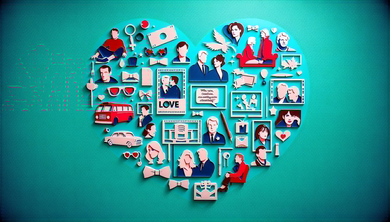 Paper art illustration for Love Actually trivia quiz featuring iconic scenes, characters and quotes on a teal background.