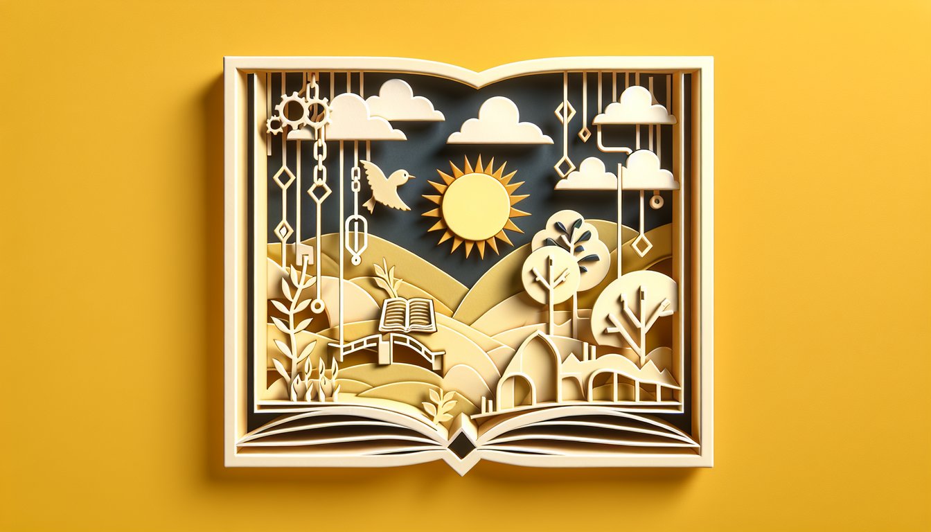 Paper art illustration for simile skills quiz on a golden yellow background