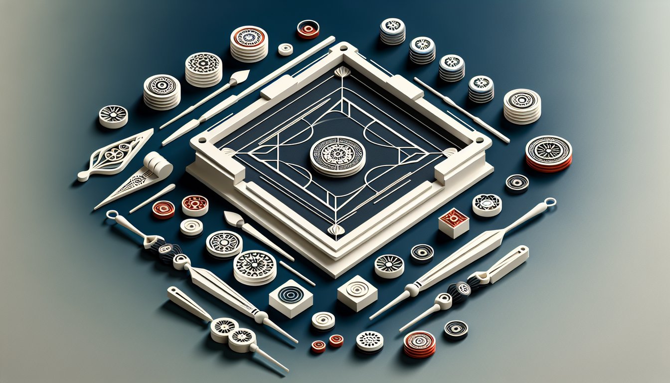 Carrom game rules quiz paper art illustration on a dark blue background