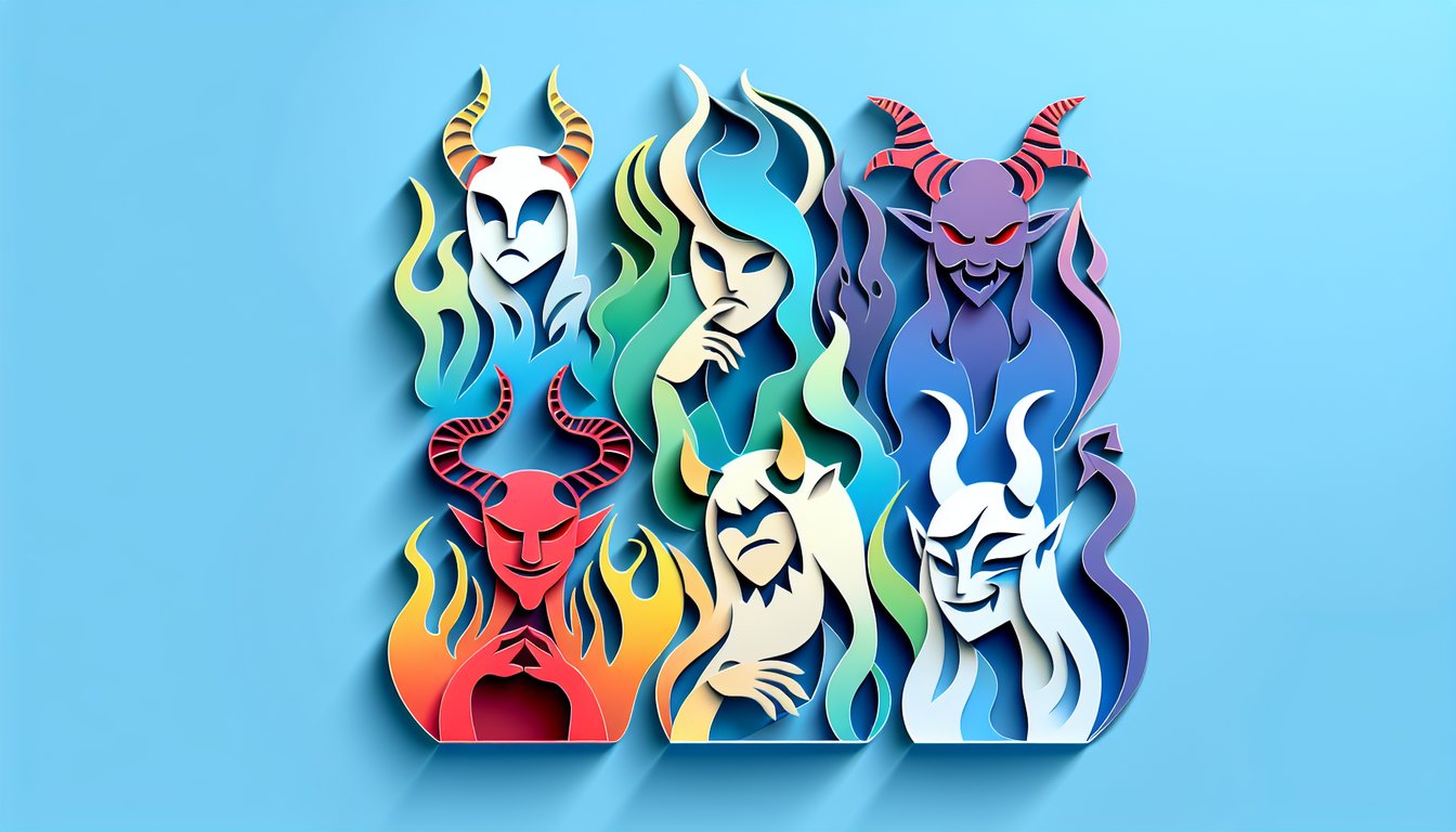 Paper art illustration for a demon personality test on a sky blue background