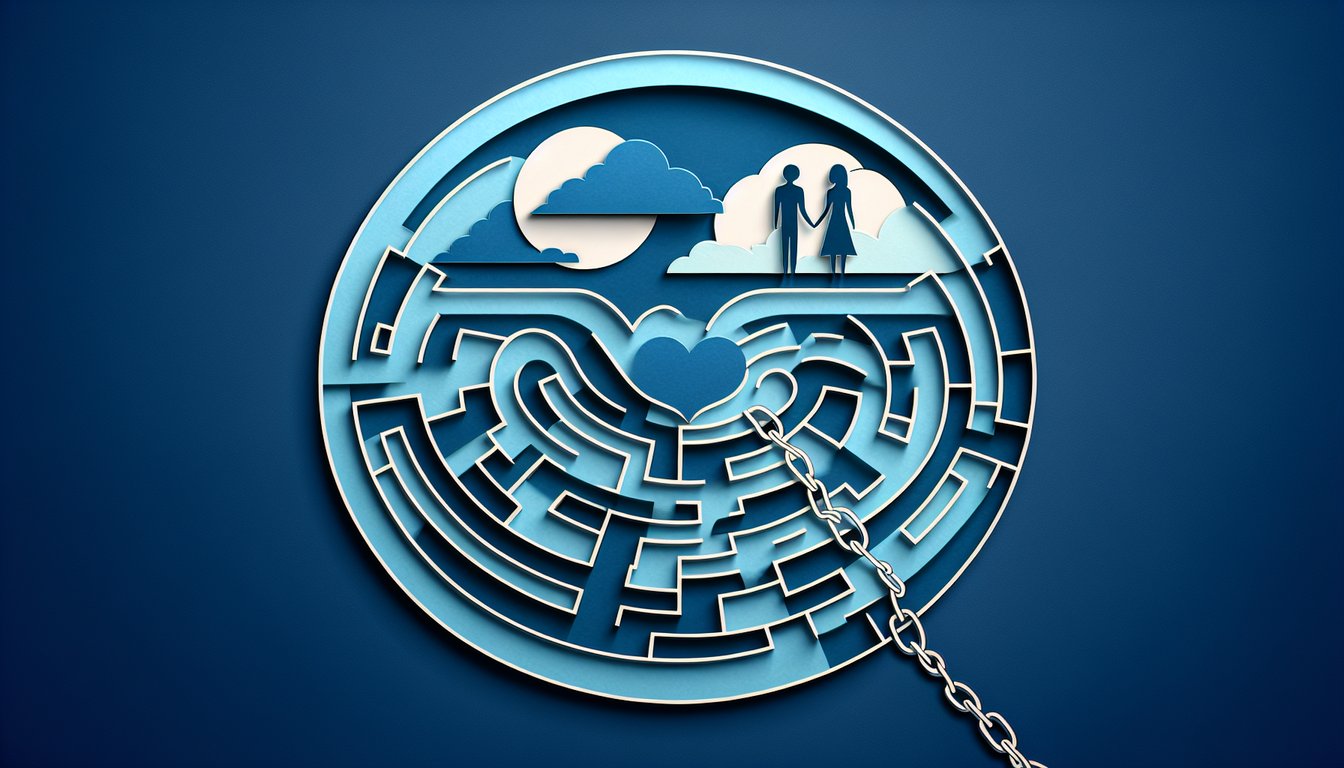 Paper art illustrating a relationship quiz on a dark blue background