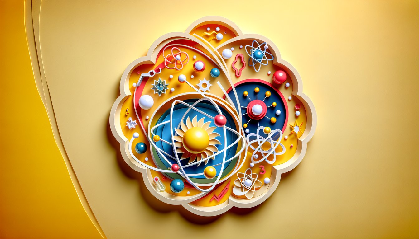Paper art of atoms, molecules, flasks and compounds on golden yellow background for a free chemistry quiz