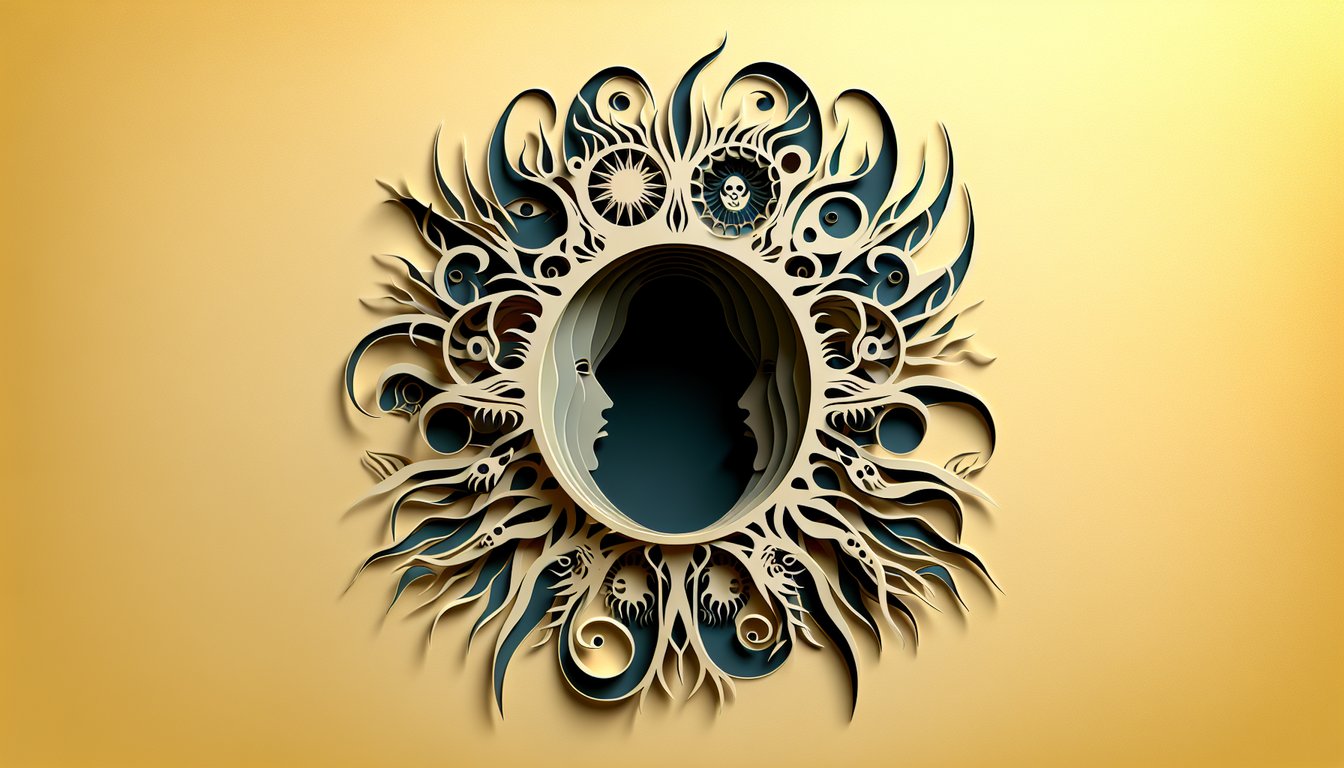 Paper art illustration with haunted house ghostly figures spiders bats and eyes on golden yellow background for horror quiz