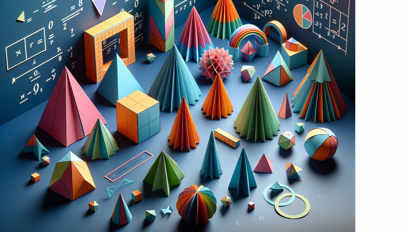 Paper art illustrating a trivia quiz on calculating pyramid and cone surface areas for high school students.