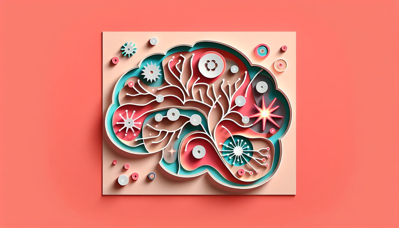 Paper art brain neurons and synapses on coral background for AP Psych Unit 3 neuroscience quiz