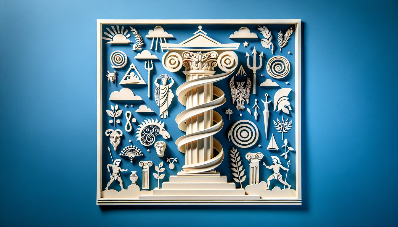 Paper art style ancient Greek busts, laurel wreath, helmet, amphora on sky blue background for personality quiz