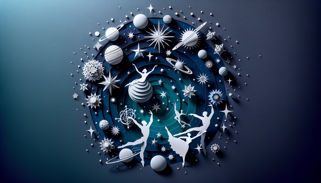 Paper art depicting a cosmic dance quiz for high school astronomy students.