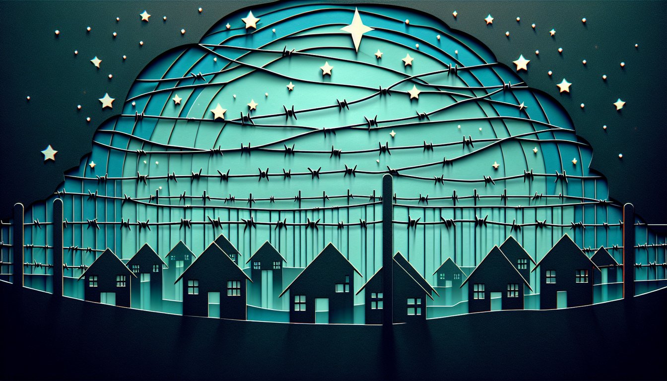 Paper art illustration featuring book question marks barbed wire on teal background for Night Chapter 3 quiz