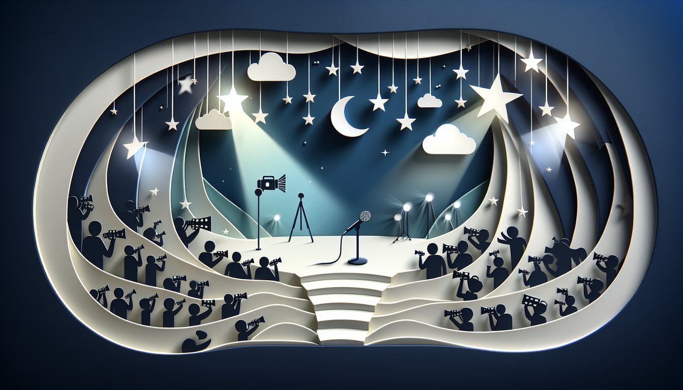 Paper art illustration for a fame prediction quiz on a dark blue background