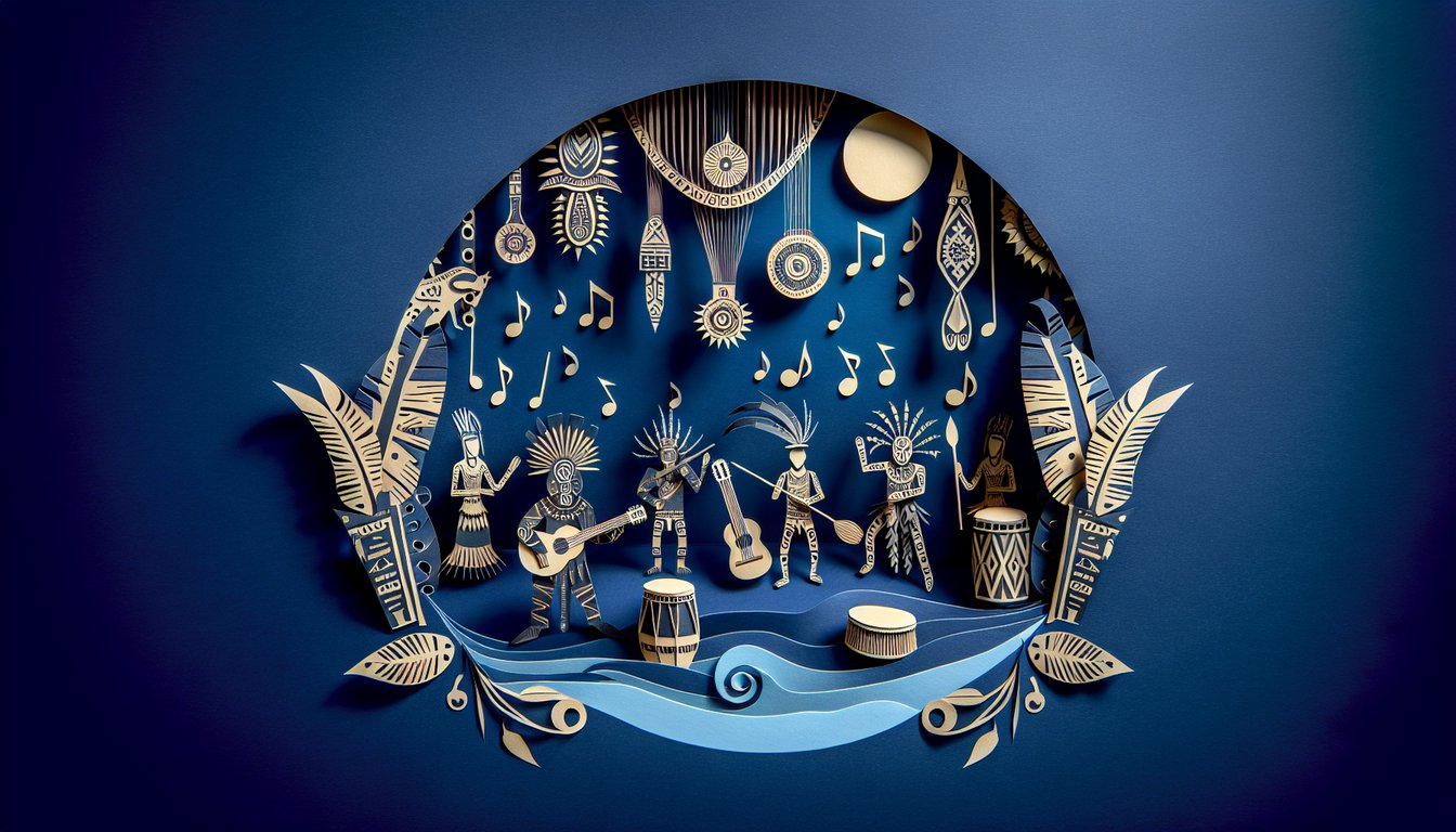 Colorful paper art representing Indigenous music culture for a trivia quiz