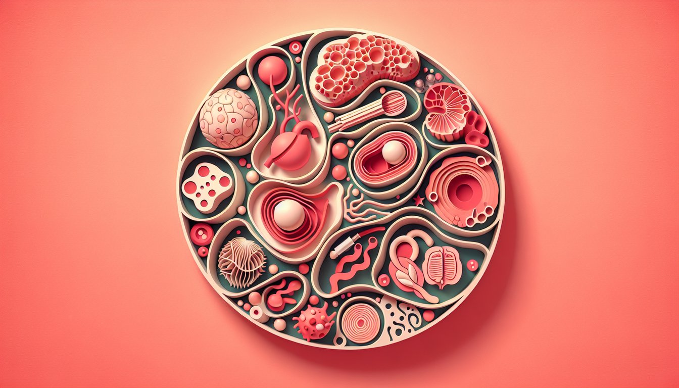 Paper art illustration for quiz showing stylized cells tissues organs systems on a coral background