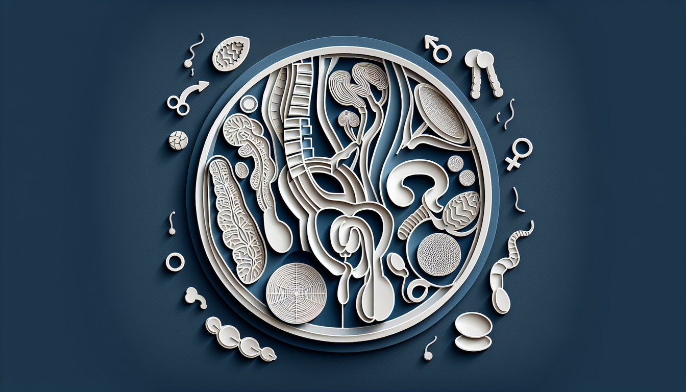 Paper art illustration of male reproductive organs and anatomy on dark blue background for biology quiz challenge