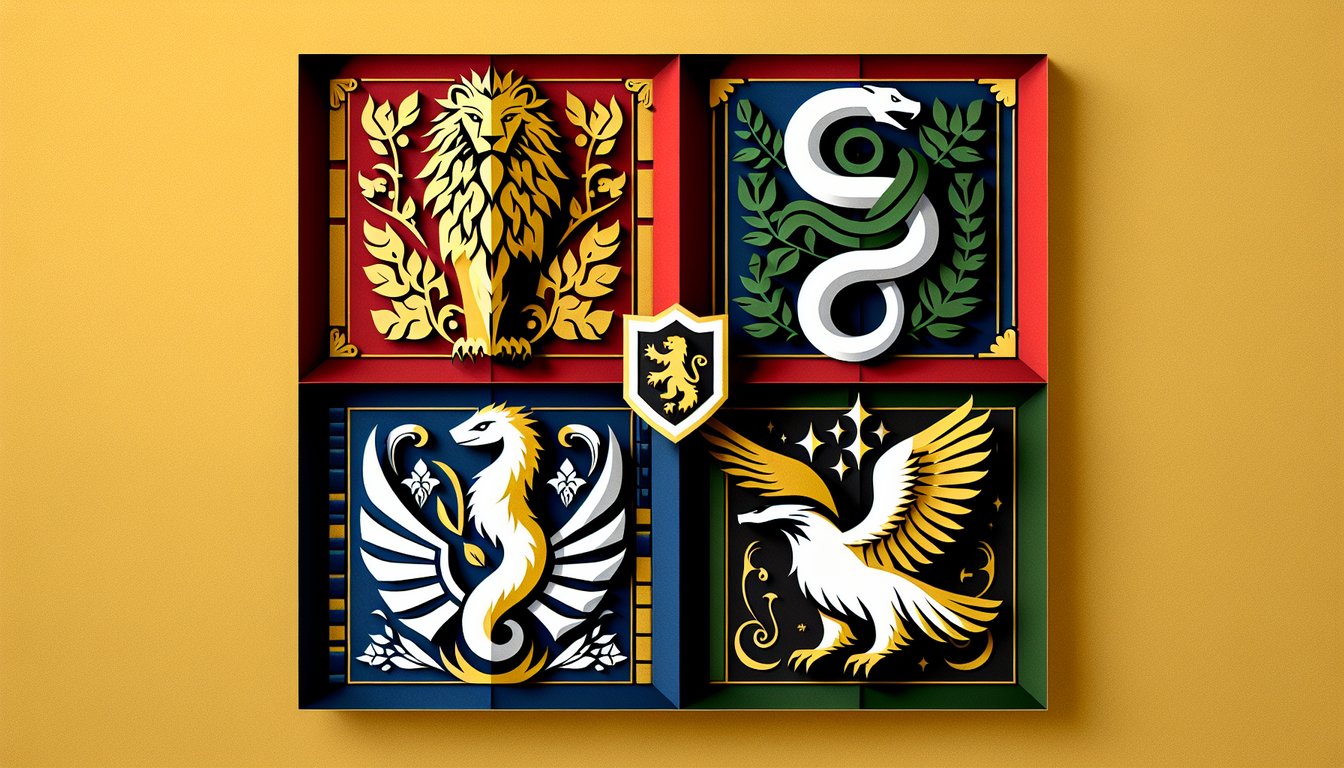 Paper art illustration of Gryffindor Slytherin Ravenclaw and Hufflepuff color symbols on golden yellow background