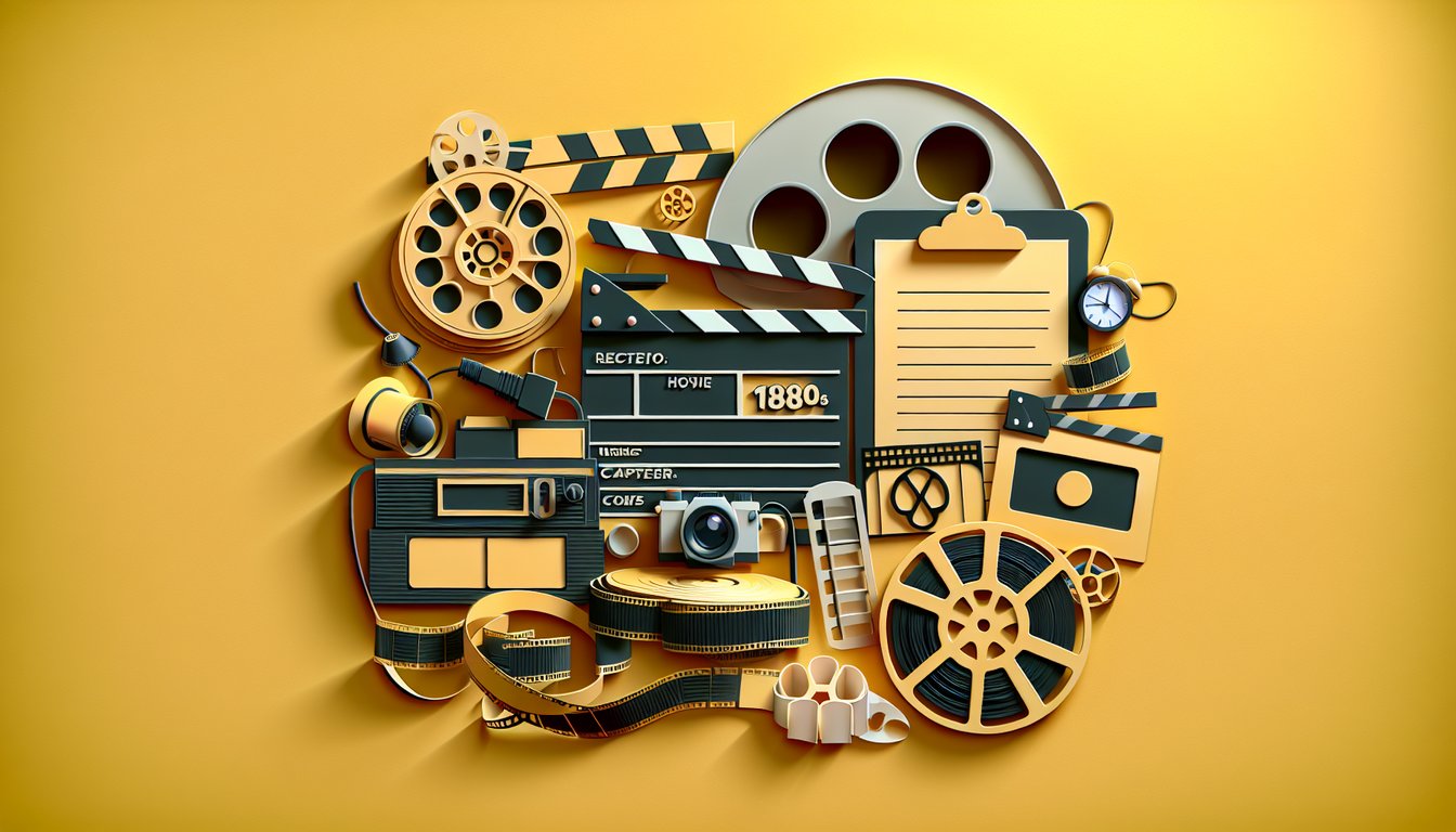 Paper art illustration for 80s film quotes quiz on golden yellow background with bold retro lettering and layered pop art shapes.