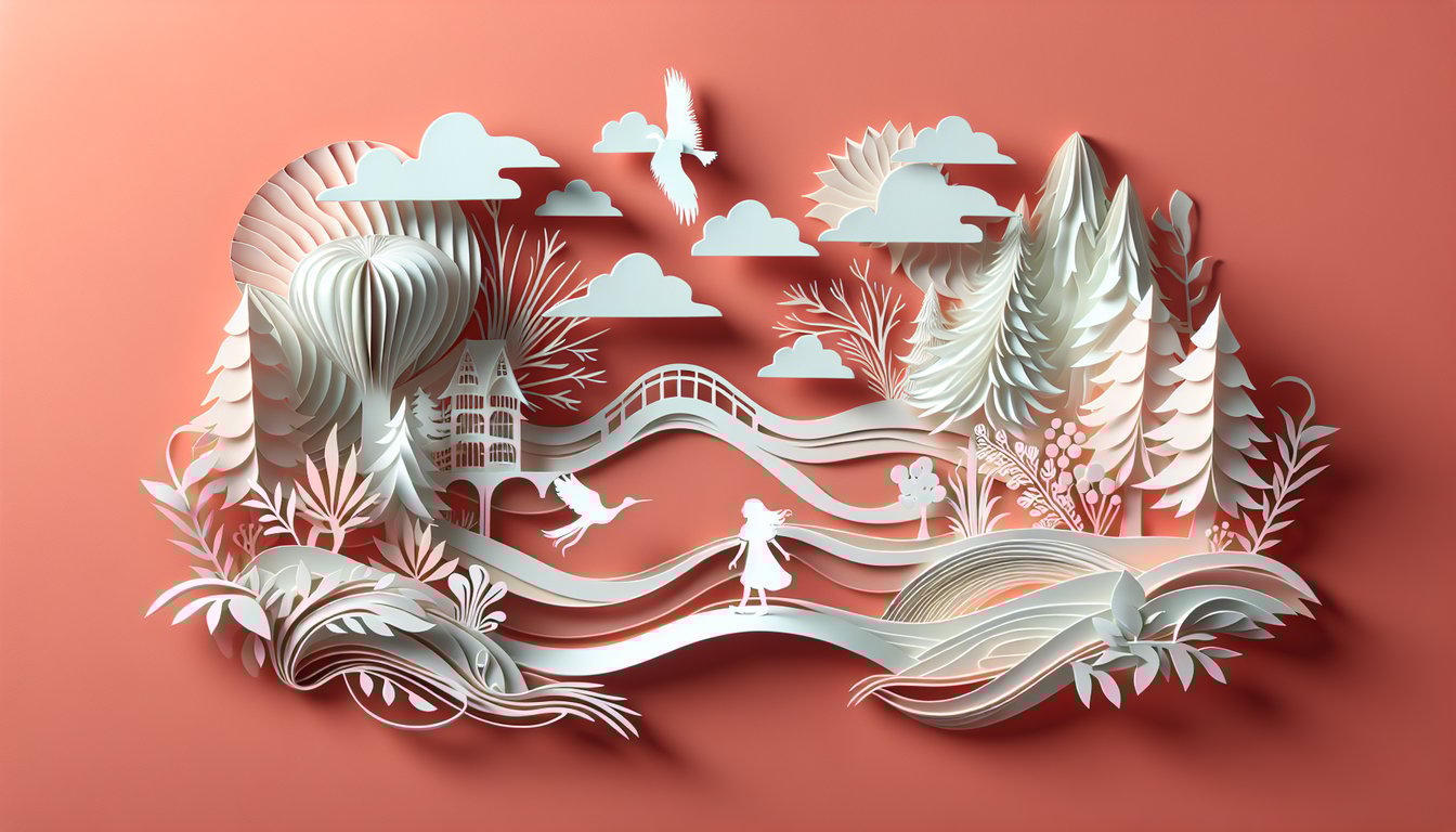 Paper art illustration of a young girl named Ellie crossing a rustic bridge into a magical forest on coral background