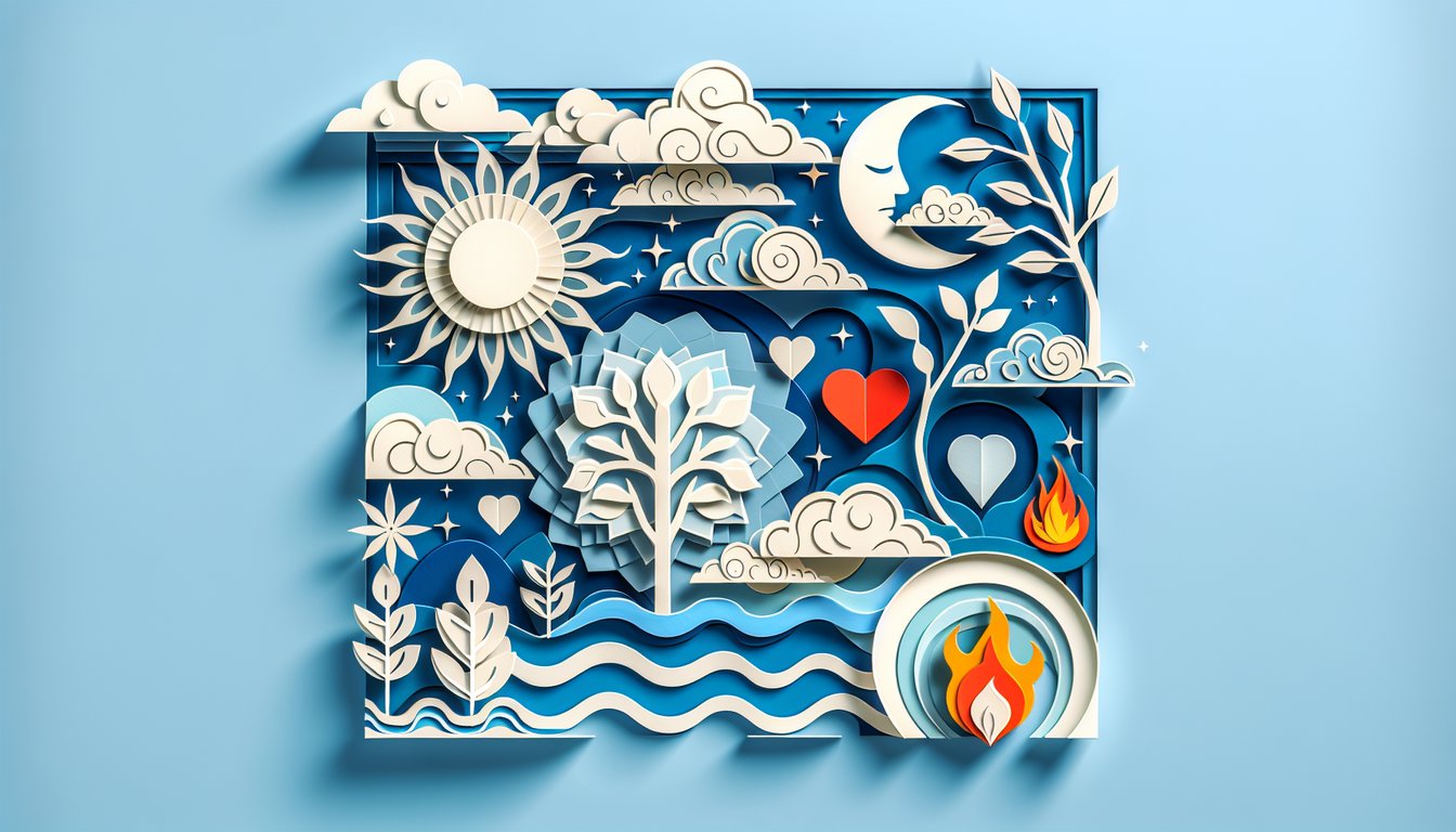 Paper art cutouts of faces and hearts for a personality quiz matching After characters on a sky blue background