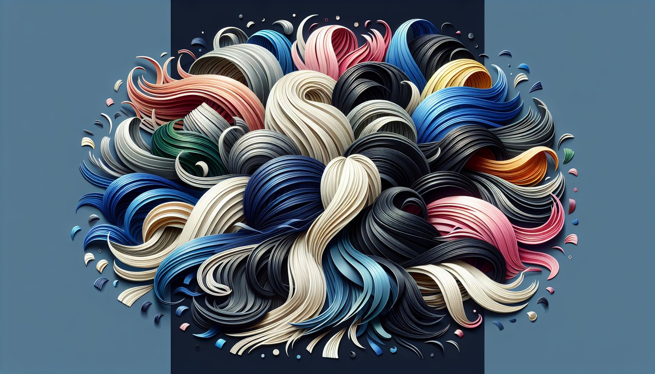 Paper art style showing layered hair color swatches on dark blue background representing a fun hair dye quiz