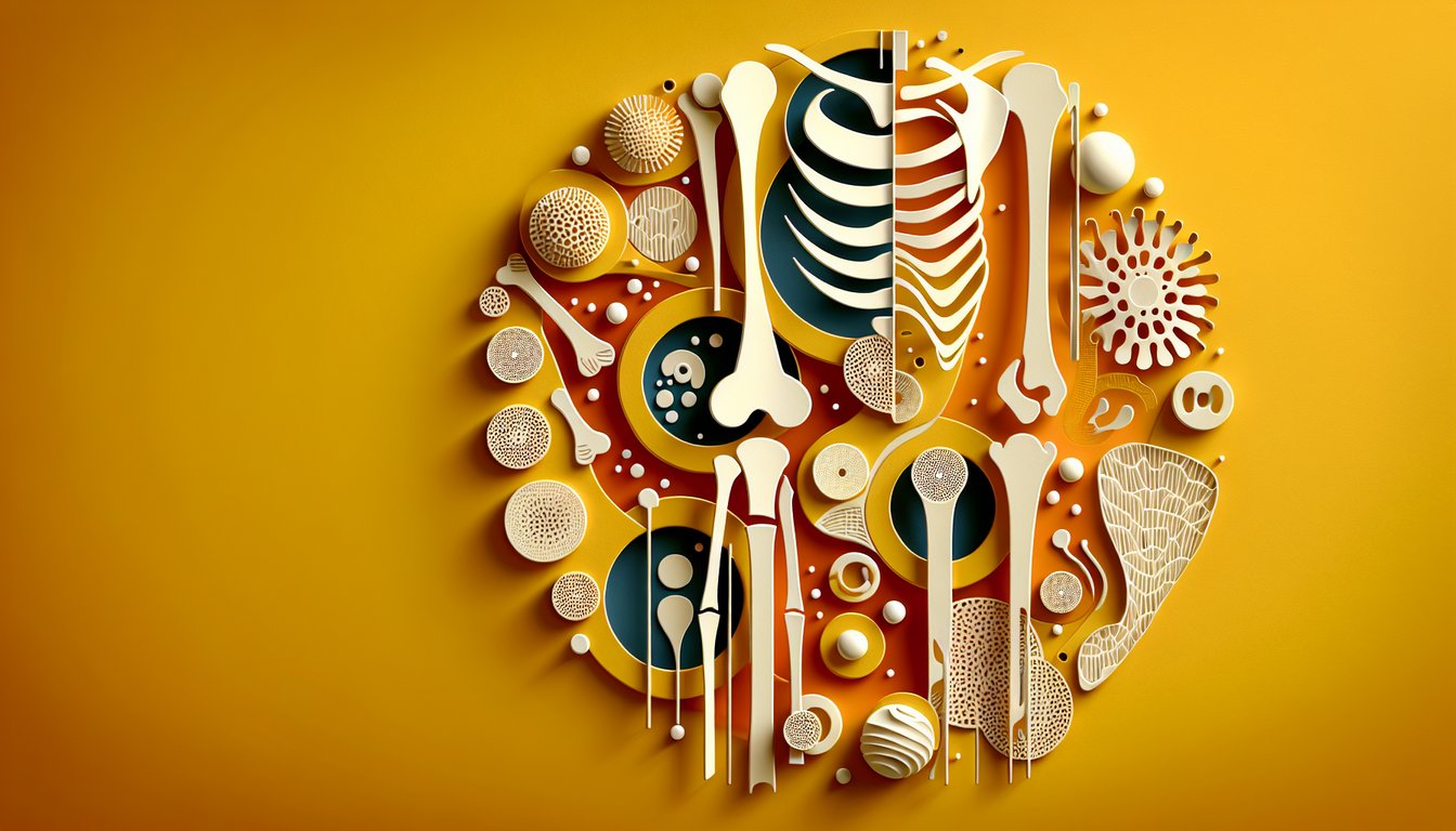 Paper cutout skeleton on golden yellow background with quiz challenge to identify bone parts ossification sites osteocytes