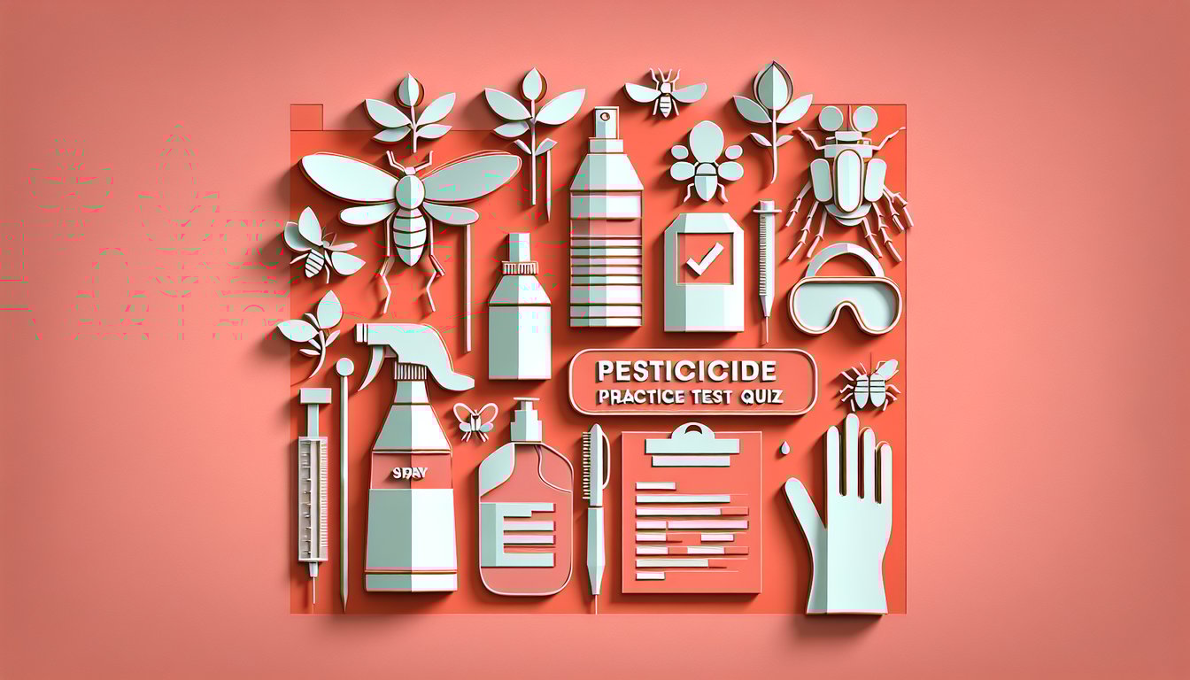 Paper art quiz illustration on pesticide practice test with exam questions on coral background.