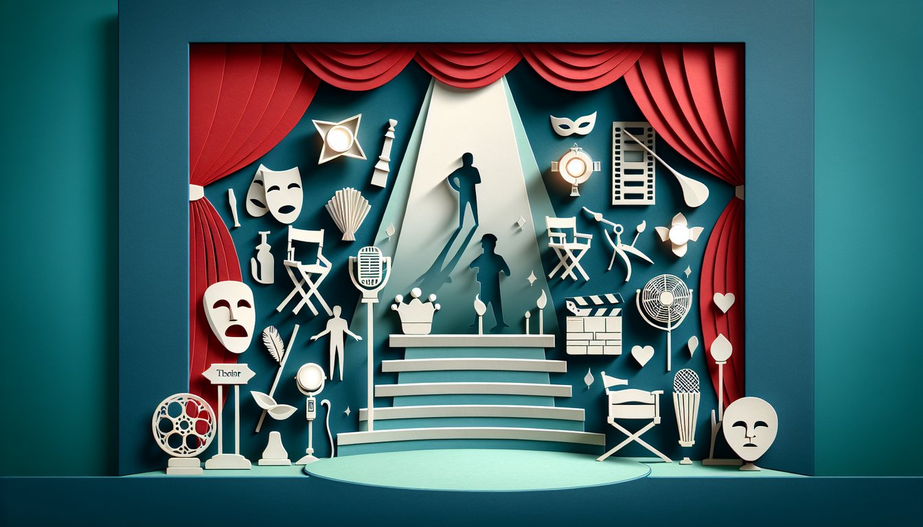 Paper art illustration for drama vocabulary quiz on teal background